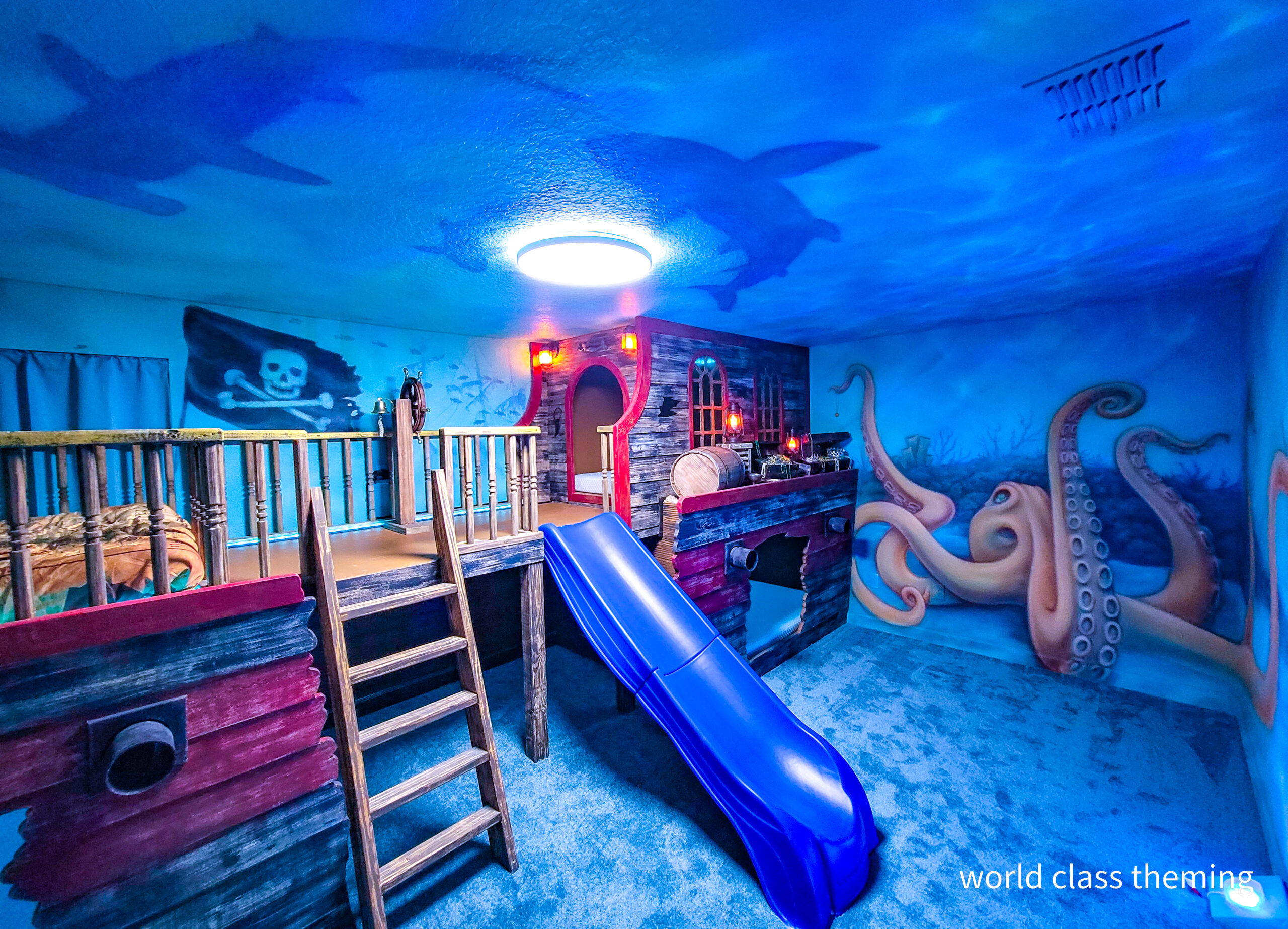 World class theming kids Childs bedroom theme pirate ship bunkbed bunk bunks vacation rental game room themed bedroom frozen princess vacation rental Custom bedroom bunks vacation rental World Class Theming kids room