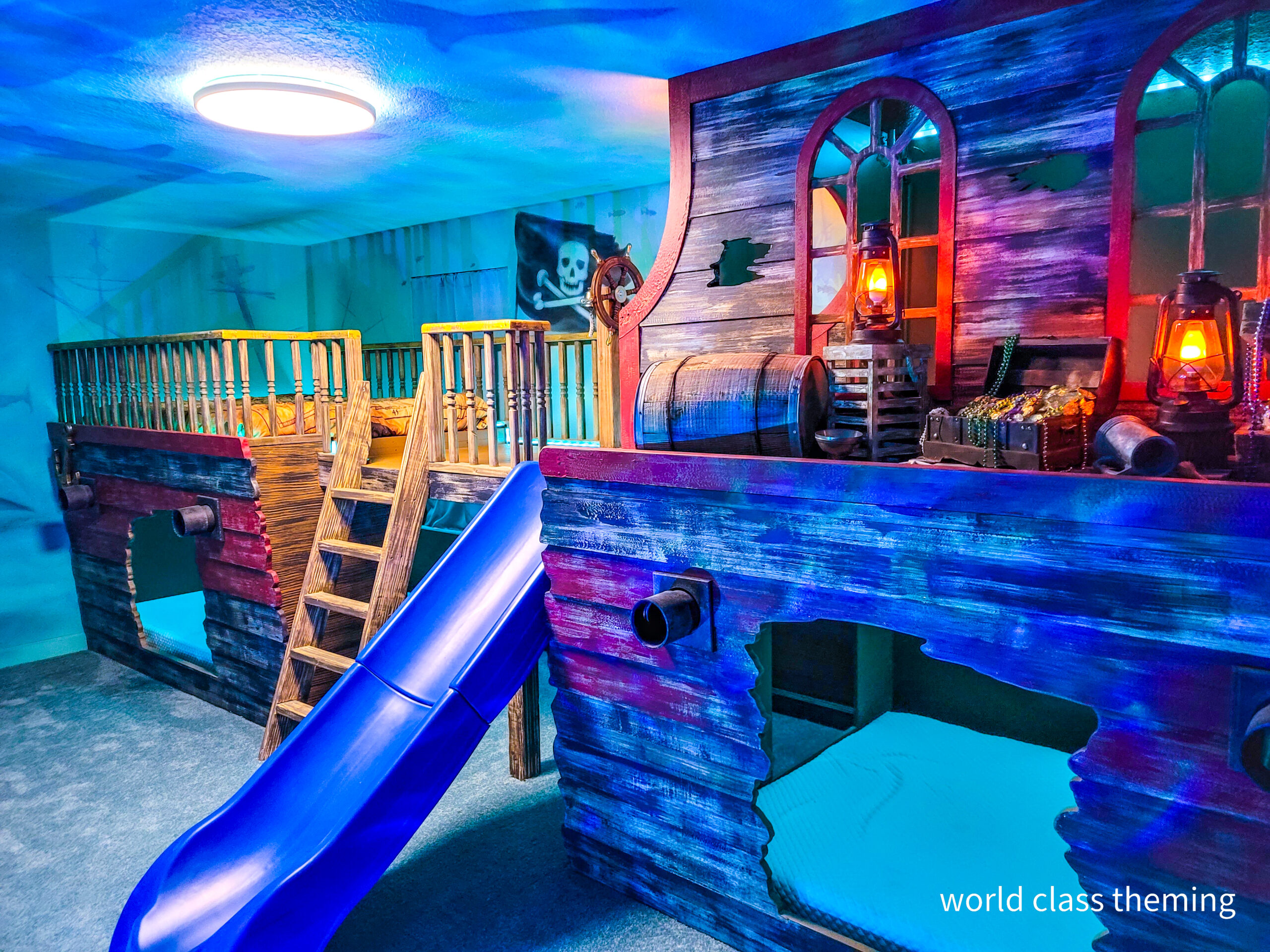 World class theming kids Childs bedroom theme pirate ship bunkbed bunk bunks vacation rental game room themed bedroom frozen princess vacation rental Custom bedroom bunks vacation rental World Class Theming kids room